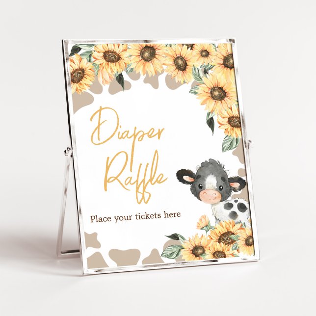 Sonnenblume Heilige Kuh Babydusche Windelwindeln Poster (Summer Highland Cow Baby Shower Diaper Raffle Sign)