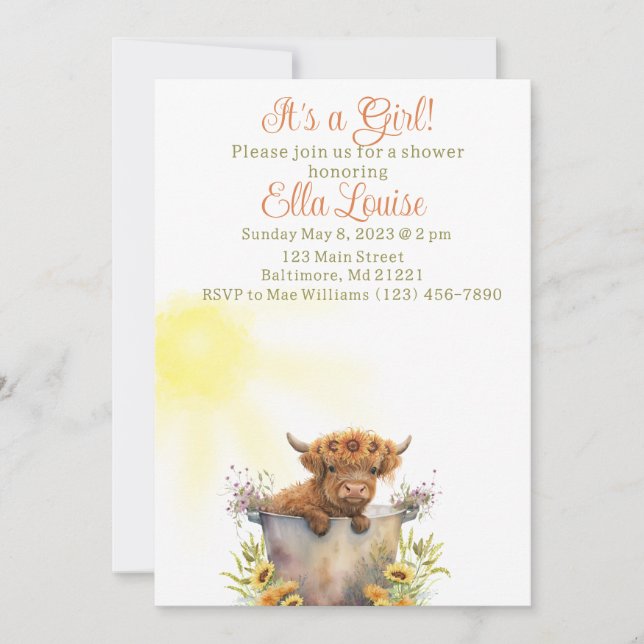 Sonnenblume Hochland Kuh Babydusche Einladung (Vorderseite)