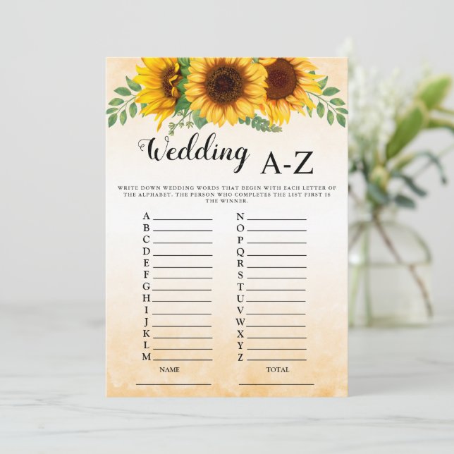 Sonnenblume Hochzeit A-Z Brautparty Game Einladung (Stehend Vorderseite)