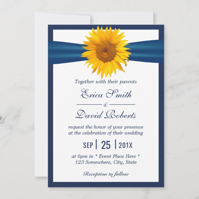 Sonnenblume Hochzeit Elegant Navy Blauer Band Mini Einladung (Vorderseite)