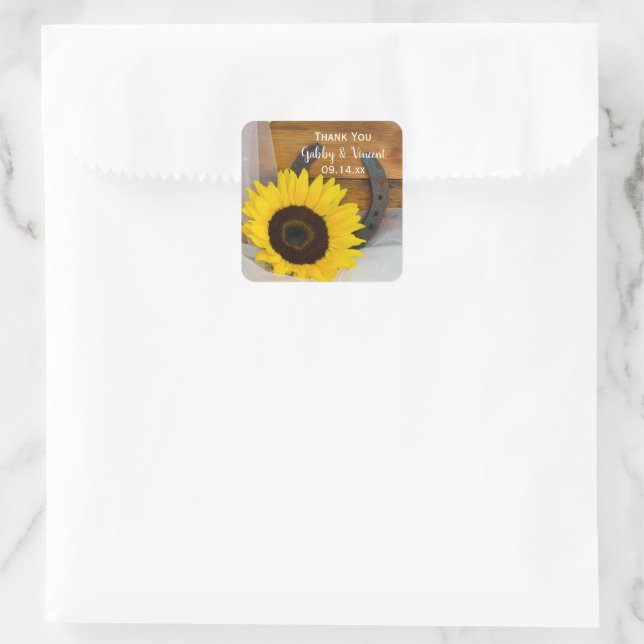 Sonnenblume-Hufeisenhochzeit danken Ihnen, Quadratischer Aufkleber (Tasche)