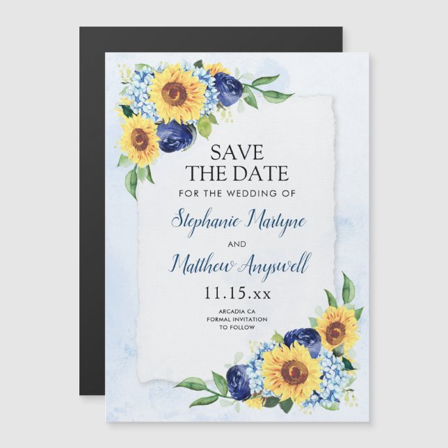 Sonnenblume Hydrangea Blue Watercolor Wedding Magneteinladung (Vorne/Hinten)