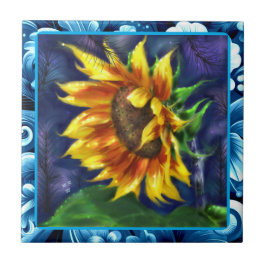 Sonnenblume in der nächtblauen, gelbgrünen Blume Fliese