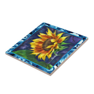 Sonnenblume in der nächtblauen, gelbgrünen Blume Fliese