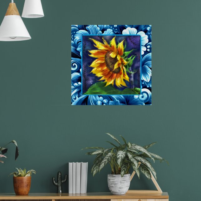 Sonnenblume in der nächtblauen, gelbgrünen Blume Poster (Wohnzimmer 1)