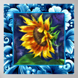Sonnenblume in der nächtblauen, gelbgrünen Blume Poster