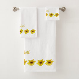 Sonnenblume in Weiß mit Name Badhandtuch Set