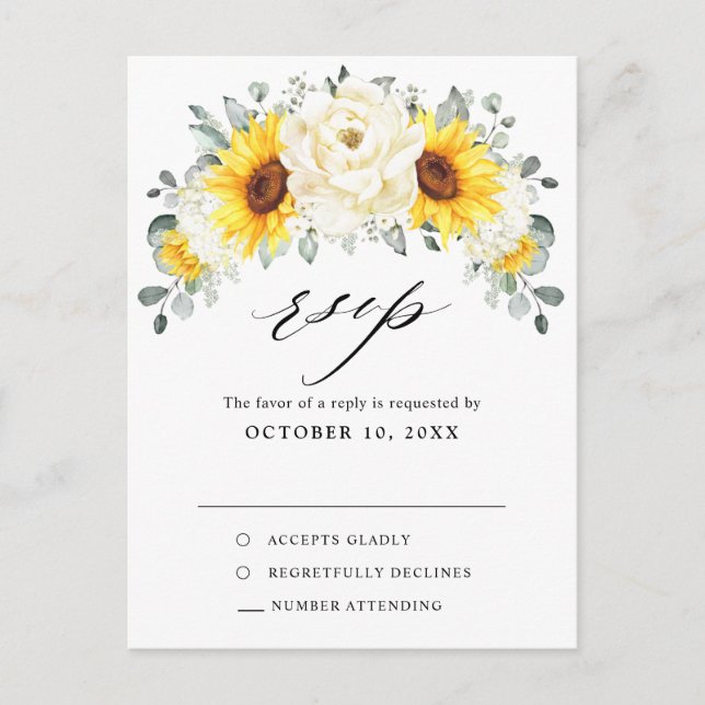 Sonnenblume Ivory Peony Eucalyptus Wedding RSVP Postkarte (Vorderseite)