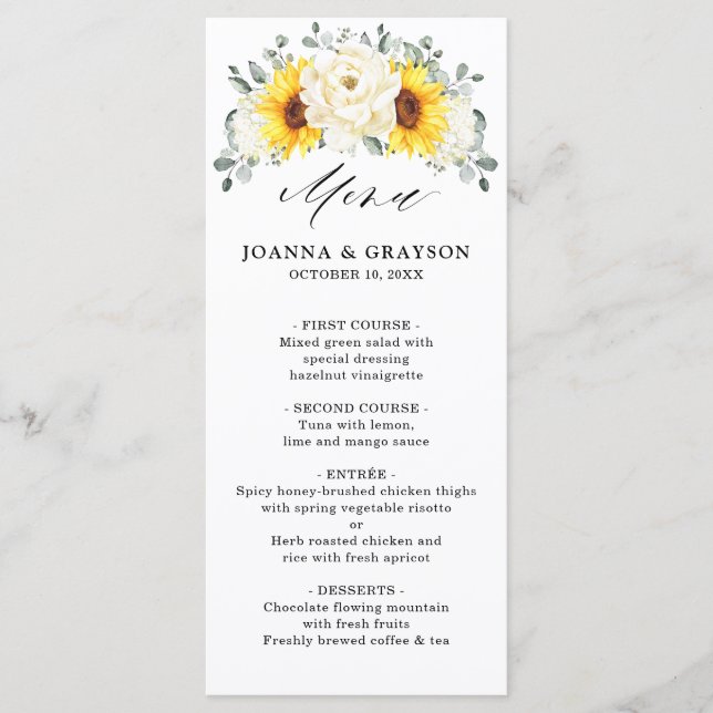 Sonnenblume Ivory Peony Floral Eucalyptus Wedding Menükarte (Vorderseite)