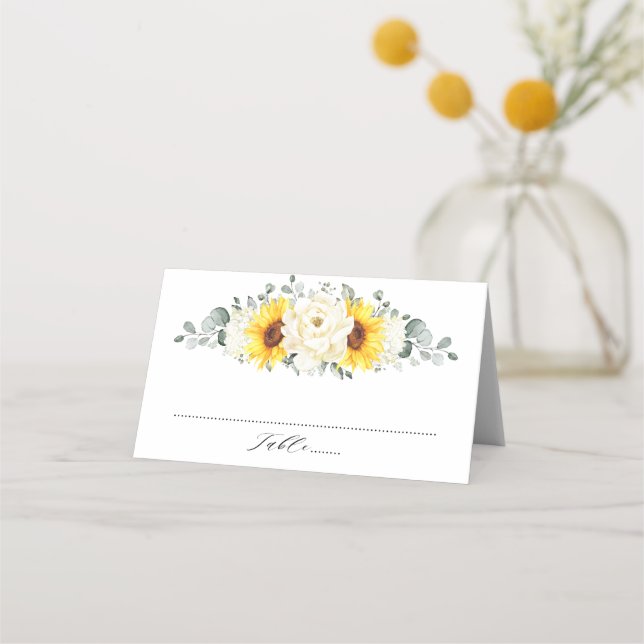 Sonnenblume Ivory Peony Floral Eucalyptus Wedding Platzkarte (Vorderseite)