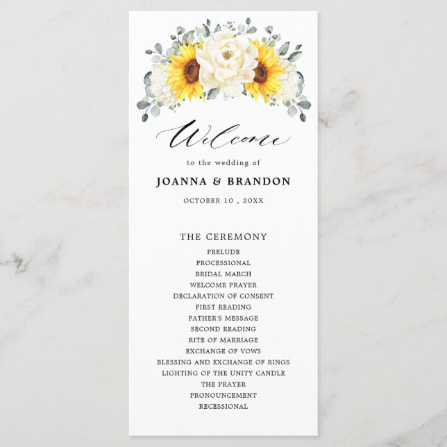 Sonnenblume Ivory Peony Floral Eucalyptus Wedding Programm (Vorderseite)