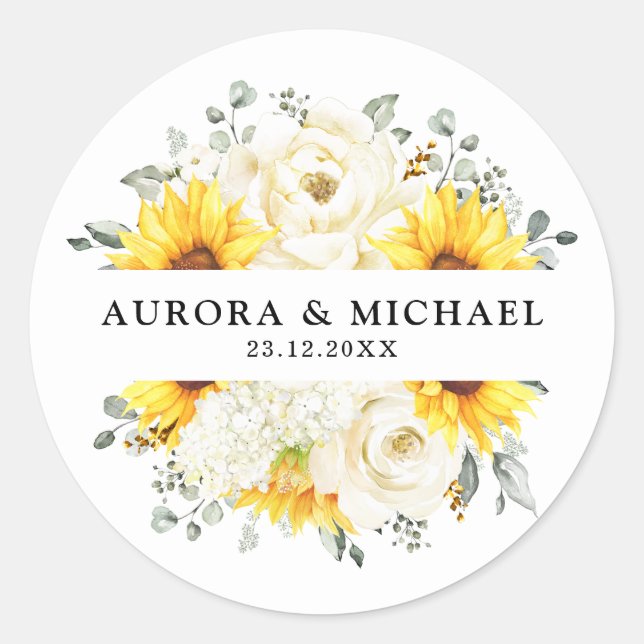 Sonnenblume Ivory Peony Floral Eucalyptus Wedding Runder Aufkleber (Vorderseite)