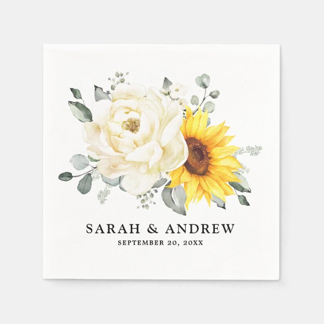 Sonnenblume Ivory Peony Floral Eucalyptus Wedding Serviette (Vorderseite)