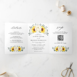 Sonnenblume Ivory Peony Floral QR Code Hochzeit Dreifach Gefaltete Ankündigung