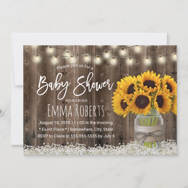 Sonnenblume Jar Country Floral Barn Wood Baby Dusc Einladung (Vorderseite)
