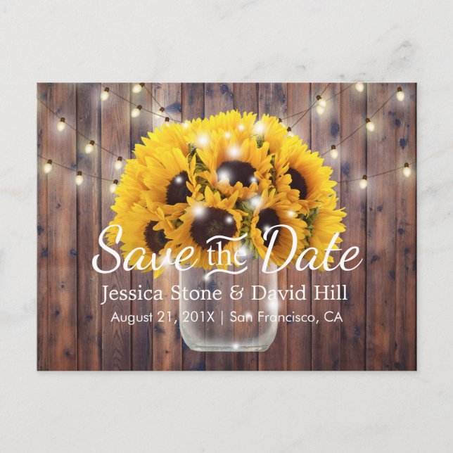 Sonnenblume Jar Rustic Barn Hochzeit Retten Sie da Ankündigungspostkarte (Vorderseite)