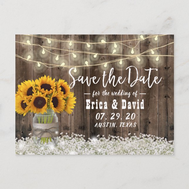 Sonnenblume Jar Rustic Floral Hochzeit Speichern S Ankündigungspostkarte (Vorderseite)
