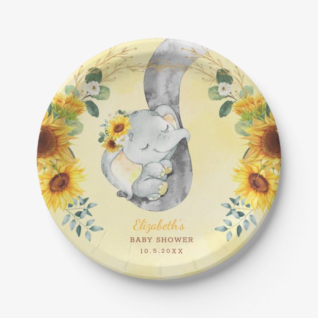 Sonnenblume Jungle Elephant Babydusche 1. Geburtst Pappteller (Vorderseite)