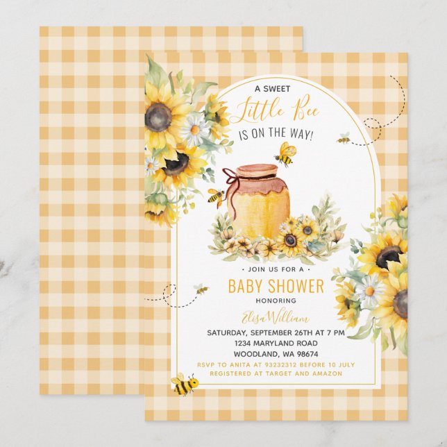 Sonnenblume Kleine Biene ist auf dem Weg Baby Dusc Einladung (Vorne/Hinten)