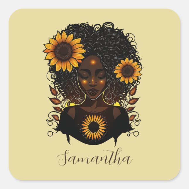 Sonnenblume Königin Afro Frau Quadratischer Aufkleber (Vorderseite)