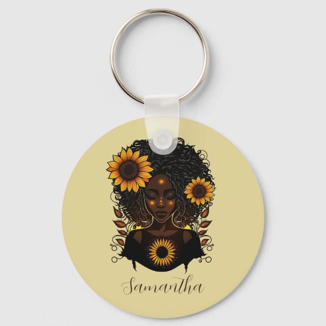 Sonnenblume Königin Afro Frau Schlüsselanhänger (Vorderseite)