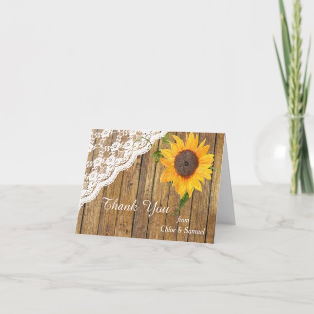 Sonnenblume Lace Wood Floral Hochzeit Vielen Dank Dankeskarte (Vorderseite)