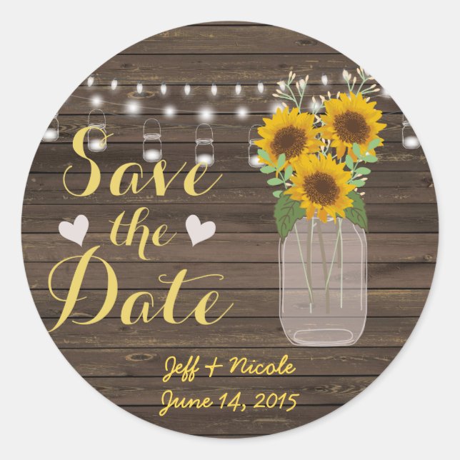 Sonnenblume Land Wood Mason Jar Save the Date Runder Aufkleber (Vorderseite)