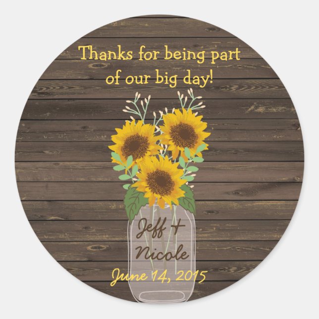 Sonnenblume Land Wood Mason Jar Wedding Runder Aufkleber (Vorderseite)