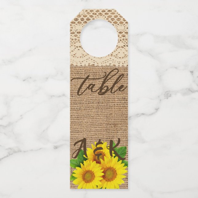Sonnenblume-Leinwand-Blick-rustikale Wedding Flaschenanhänger (Vorderseite)