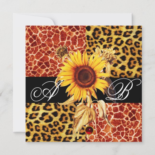 SONNENBLUME, LEOPARD UND GIRAFFE FUR, RUBY MONOGRA EINLADUNG (Vorderseite)