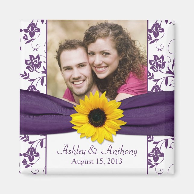 Sonnenblume Lila White Damask Hochzeitsmagnet Magnet (Vorne)