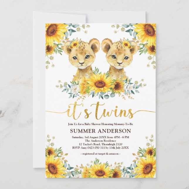 Sonnenblume Lion Cub Twins Baby Dusche Einladung (Vorderseite)