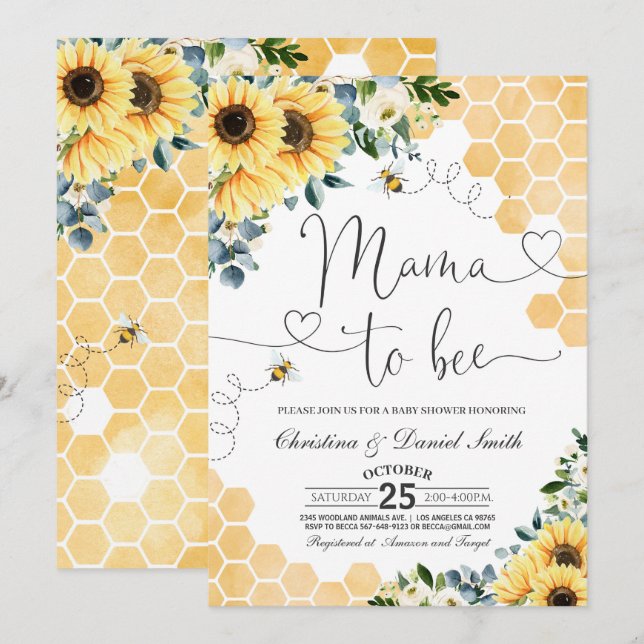 Sonnenblume Mama zu Bee Baby Dusche Einladung (Vorne/Hinten)