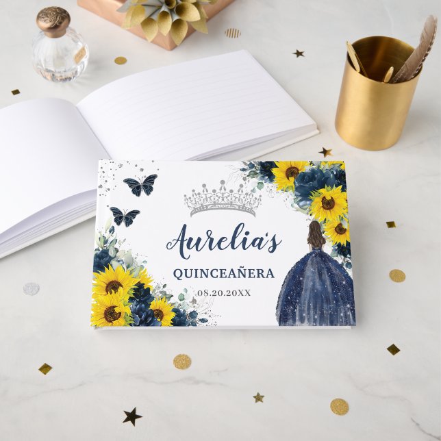 Sonnenblume Marine Blauer Prinzessin Silver Quince Gästebuch (Vorderseite Offen)