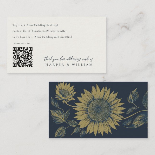 Sonnenblume Marine qr Code Social Media Hochzeitka Visitenkarte (Vorne/Hinten)