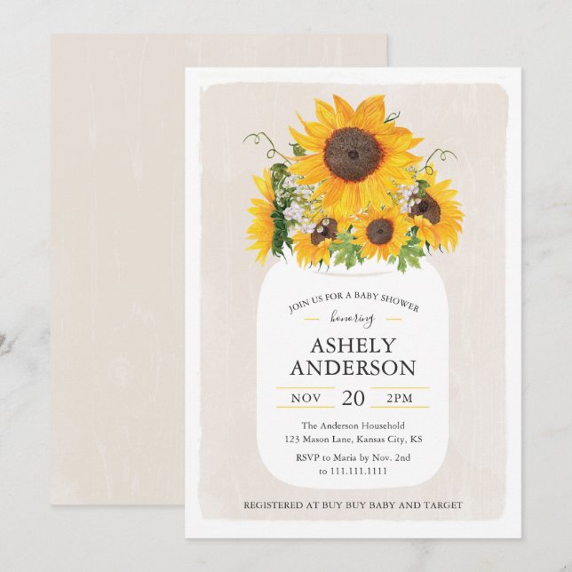 Sonnenblume Mason Jar Baby Dusche Einladung (Vorne/Hinten)
