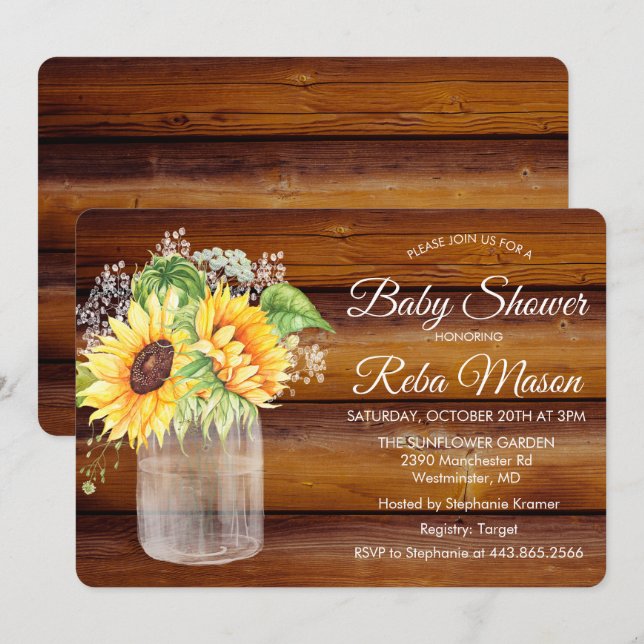 Sonnenblume Mason Jar Baby Dusche Einladung (Vorne/Hinten)