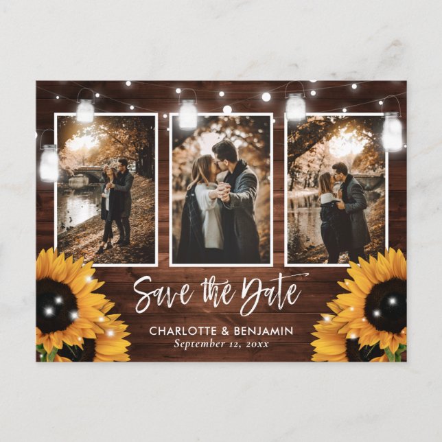 Sonnenblume Mason Jar Barn Wood Foto Save the Date Ankündigungspostkarte (Vorderseite)