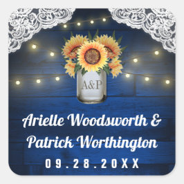 Sonnenblume Mason Jar Blue Wood Gastgeschenk Hochz Quadratischer Aufkleber