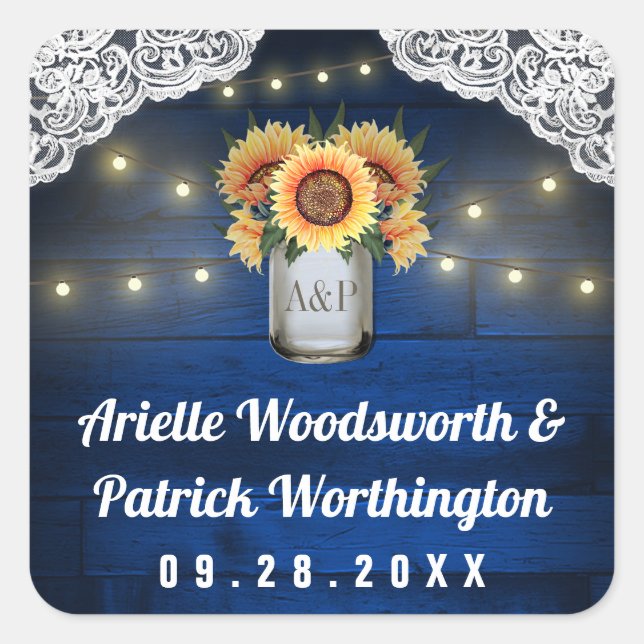 Sonnenblume Mason Jar Blue Wood Gastgeschenk Hochz Quadratischer Aufkleber (Vorderseite)