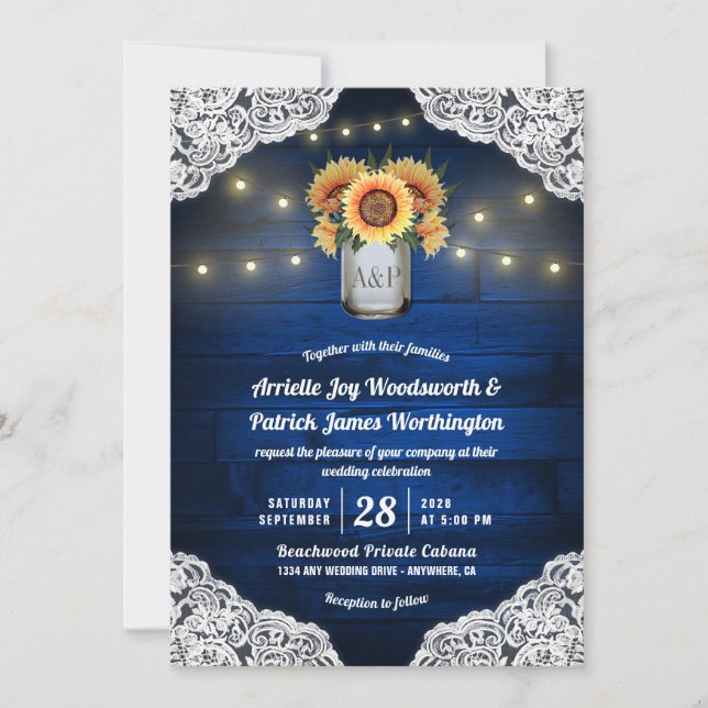 Sonnenblume Mason Jar Blue Wood Hochzeit Einladung (Vorderseite)