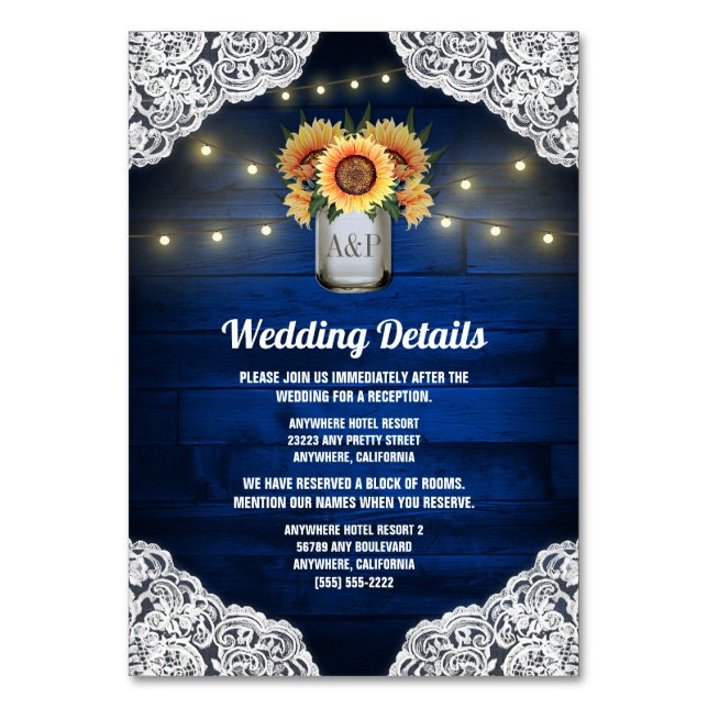 Sonnenblume Mason Jar Blue Wood Wedding Karten (Vorderseite)