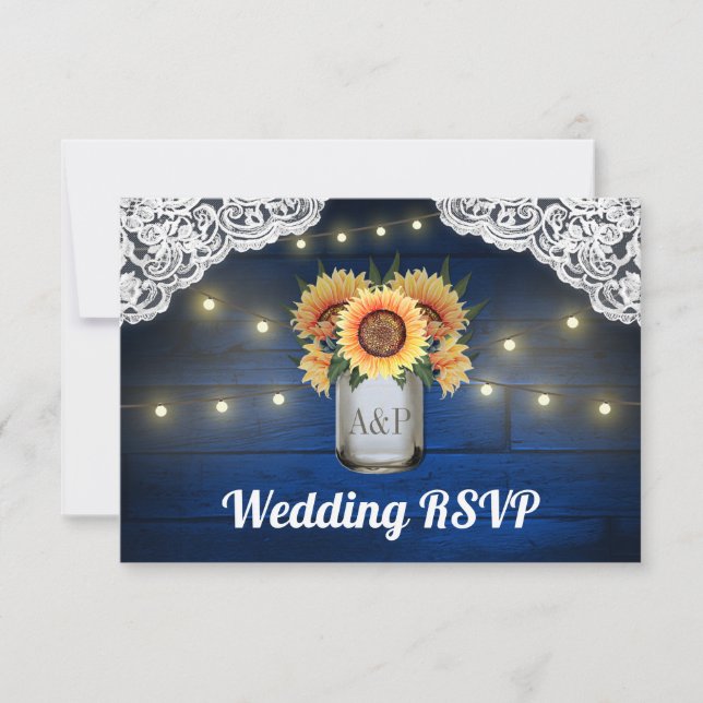 Sonnenblume Mason Jar Blue Wood Wedding RSVP Karte (Vorderseite)