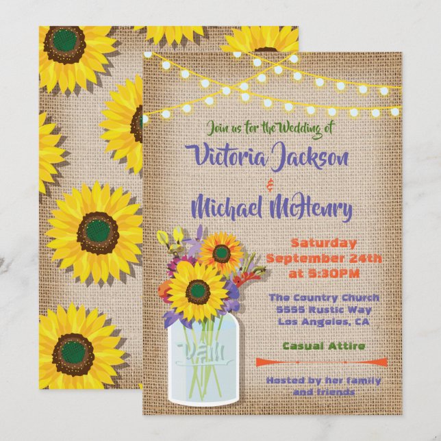 Sonnenblume Mason Jar Burlap Hochzeit Einladungen (Vorne/Hinten)
