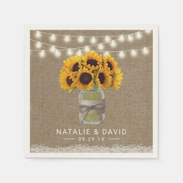 Sonnenblume Mason Jar Rustic Floral Burlap Wedding Serviette (Vorderseite)