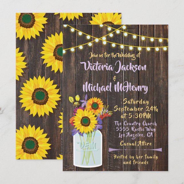Sonnenblume Mason Jar Rustic Wood Wedding Einladun Einladung (Vorne/Hinten)