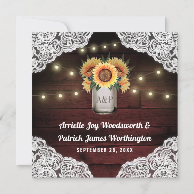 Sonnenblume Mason Jar Wood Lace Hochzeit Einladung (Vorderseite)