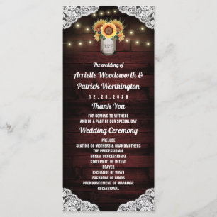 Sonnenblume Mason Jar Wood Lace Hochzeitsprogramme Programm