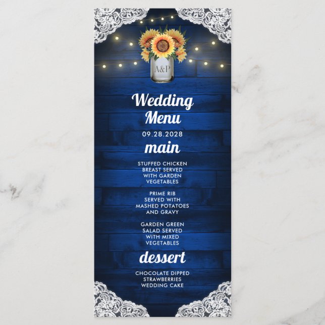 Sonnenblume Mason Jar Wood Lace Wedding Menu Cards Menükarte (Vorderseite)