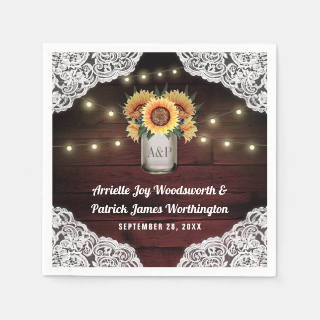 Sonnenblume Mason Jar Wood Lace Wedding Napkins Serviette (Vorderseite)